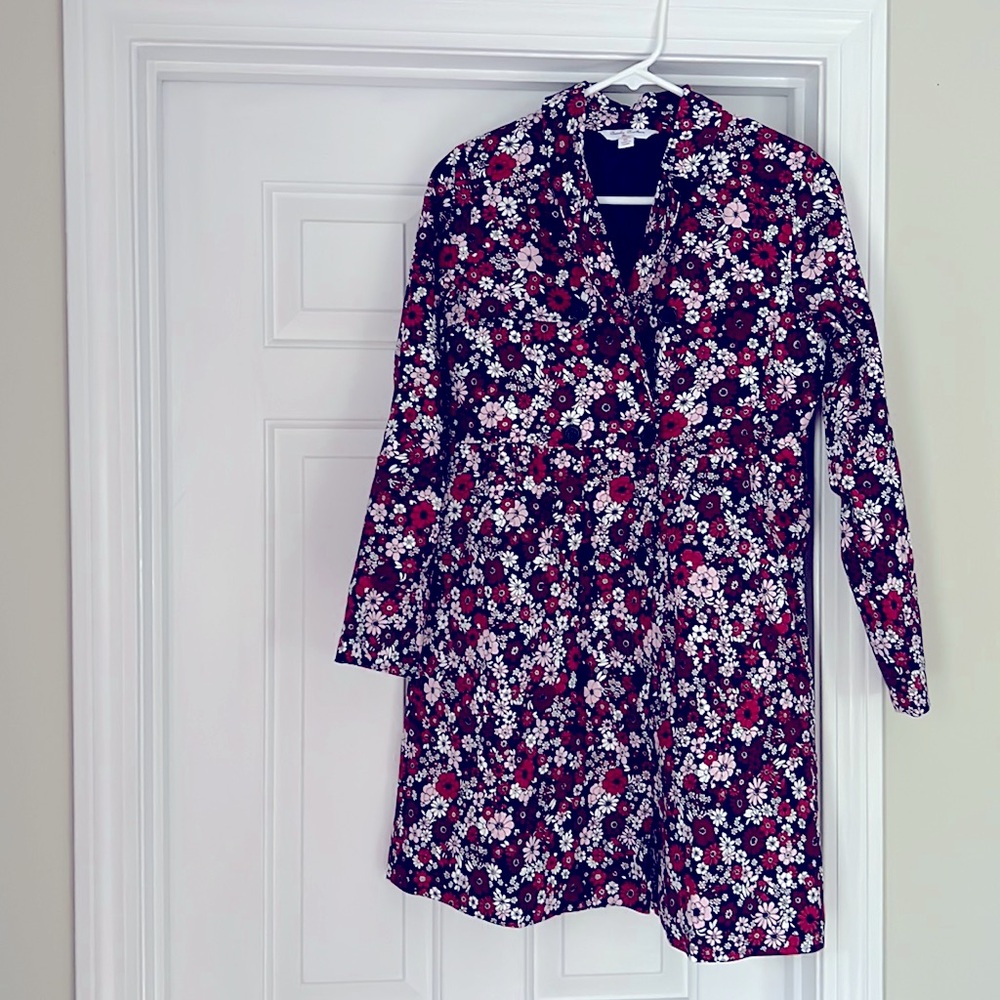 Girls long floral Brooks Brothers Fleece pea coat, size XL, pink/red/navy multi